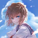  1girl blue_eyes blue_sailor_collar blue_sky blurry blurry_background brown_hair closed_mouth clouds from_side haibara_ai hair_between_eyes looking_at_viewer medium_hair meitantei_conan sailor_collar sailor_shirt shirt short_sleeves sky solo square_(lianqianqianoo) straight_hair upper_body white_shirt 