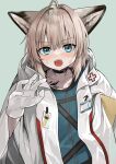  1girl animal_ears arknights black_choker blue_eyes choker coat fox_ears fox_girl gloves highres id_card light_brown_hair looking_at_viewer open_clothes open_coat open_mouth oripathy_lesion_(arknights) short_hair sussurro_(arknights) sweat v-shaped_eyebrows waichi white_coat white_gloves 