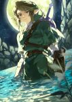  1boy belt belt_buckle blue_eyes brown_belt brown_hair buckle closed_mouth ear_piercing green_headwear green_tunic hat highres link looking_at_viewer male_focus master_sword moon night night_sky outdoors partially_submerged piercing plant pointy_ears pra_11 short_hair sidelocks sky solo star_(sky) swept_bangs sword the_legend_of_zelda the_legend_of_zelda:_twilight_princess tunic water weapon weapon_on_back wet 