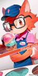  1boy animal_ears animal_nose apron artist_name avatar_(sonic_forces) blue_apron blue_headwear blush character_name closed_mouth clothes_writing fang food food_print furry furry_male glasses gradient_background grey_background hands_up hat holding holding_food holding_ice_cream ice_cream iiimirai looking_at_viewer male_focus pink_shirt red_eyes red_fur shirt short_sleeves simple_background smile solo sonic_(series) sonic_forces standing table tail watermark white_background wing_collar wolf_boy wolf_ears wolf_tail 