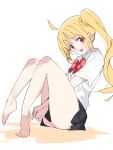  1girl :d ahoge bare_legs barefoot bitto_(arnagle) black_skin blonde_hair bocchi_the_rock! bow bowtie collared_shirt colored_skin commentary_request full_body ijichi_nijika long_hair open_mouth orange_eyes plantar_flexion pleated_skirt red_bow red_bowtie shirt side_ponytail simple_background sitting skirt smile solo sweatdrop toes white_background white_shirt 