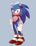  1boy animal_ears animal_nose blue_fur blush closed_mouth english_commentary full_body furry furry_male gloves green_eyes grey_background hand_on_hip hedgehog hedgehog_ears hedgehog_tail highres looking_at_viewer male_focus red_footwear shoes simple_background smile sneakers socks solo sonic_(series) sonic_the_hedgehog standing tail white_gloves white_socks xammyoowah 