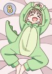  1girl :d =_= arms_up barefoot blush_stickers commentary_request dinosaur_costume fang hood hood_up light_brown_hair lying nekotoufu official_art oka_asahi on_back onesie onii-chan_wa_oshimai! open_mouth skin_fang smile solo spoken_number 