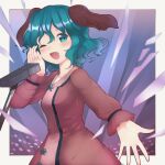  1girl absurdres animal_ears blush dog_ears dress gbcolor_(naza) green_eyes green_hair highres kasodani_kyouko long_sleeves microphone microphone_stand one_eye_closed open_mouth pink_dress reaching_towards_viewer short_hair smile solo touhou upper_body 
