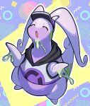  :o blush closed_eyes clothed_pokemon commentary_request full_body goodra head_back hood hooded_vest hoodie miyoshi_(miyoshi_sikb) no_humans open_mouth outline pokemon pokemon_(creature) slime_(substance) solo vest 