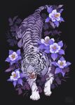  animal artist_name black_background flower highres looking_at_viewer no_humans norapotwora open_mouth original purple_flower tiger violet_eyes watermark white_tiger 