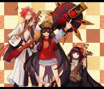  1boy 2girls black_hair buster_shirt checkered_background fate/grand_order fate_(series) flower hair_flower hair_ornament hair_over_one_eye hat headphones headphones_around_neck instrument japanese_clothes kimono komahime_(fate) long_hair military_hat multiple_girls oda_nobunaga_(fate) oda_nobunaga_(swimsuit_berserker)_(fate) oda_nobunaga_(swimsuit_berserker)_(first_ascension)_(fate) orizu_lm over_shoulder plectrum pointing pointing_up redhead shamisen sunglasses takasugi_shinsaku_(fate) weapon weapon_over_shoulder wide_sleeves 