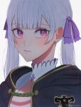  1girl black_bulls_(emblem) black_capelet black_clover blush capelet grey_hair hair_ribbon highres jacket long_hair looking_at_viewer low_twintails noelle_silva parted_lips pink_eyes portrait purple_ribbon ribbon rizaavana solo twintails white_jacket 