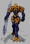  bionicle brutaka_(bionicle) cable clenched_hand double-blade ethandoesathing grey_background highres humanoid_robot no_humans red_eyes robot shadow solo the_lego_group walking 