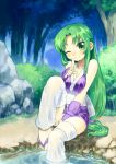  breasts face feet_in_water ganbare_goemon green_eyes green_hair head_tilt index_finger_raised japanese_clothes legs long_hair looking_at_viewer sandals shigehiro_(artist) shushing smile soaking_feet thigh-highs thighhighs water wet wink yae zettai_ryouiki 