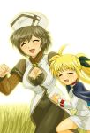  2girls :d ^_^ age_difference ahoge bangs blush breasts cape child cleavage cleavage_cutout clenched_hand closed_eyes collar dress erect_nipples fate_testarossa field flat_chest g-tetsu grey_hair hair_ribbon happy hat large_breasts leg_lift linith long_hair mahou_shoujo_lyrical_nanoha mahou_shoujo_lyrical_nanoha_a's multiple_girls navel open_mouth outdoors payot profile ribbon running short_dress short_hair skin_tight smile sweater swept_bangs thighs turtleneck twintails unitard wristband 