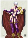  1girl asymmetrical_gloves azasuke azasuke_wind blue_eyes breasts cleavage eye_visible_through_hair female gloves ivy_valentine large_breasts lipstick makeup navel parted_lips pink_lips revealing_clothes short_hair single_elbow_glove solo soul_calibur standing white_hair 