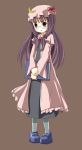  :o bangs bespectacled black_eyes blue_legwear blunt_bangs book bow capelet coat dress glasses grey_background hands_together hat long_hair open_mouth patchouli_knowledge pigeon-toed purple_eyes purple_hair shoes simple_background sixten solo standing touhou v_arms very_long_hair wide_sleeves 