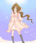  aerith_gainsborough blue_eyes blush boots brown_hair dress female final_fantasy final_fantasy_vii hood jujube long_hair solo 