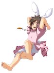 animal_ears barefoot bloomers brown_hair bunny_ears bunny_tail carrot dress fang feet highres inaba_tewi jewelry jumping kazuhiro_(tiramisu) necklace open_mouth pendant pink_dress rabbit_ears red_eyes smile soles tail touhou transparent_background 
