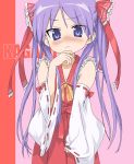  asanagi blue_eyes blush bow collarbone cosplay detached_sleeves frills frown hair_ribbon hakurei_reimu hakurei_reimu_(cosplay) hand_to_mouth hiiragi_kagami japanese_clothes long_hair lucky_star miko purple_hair ribbon solo touhou tsurime twintails 