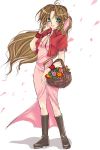  aerith_gainsborough basket blush boots brown_hair dress female final_fantasy final_fantasy_vii flower green_eyes jacket jujube long_hair pink_ribbon ribbon solo wristband 