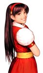  1girl asamiya_athena dress female hairband highres king_of_fighters long_hair official_art parted_bangs puffy_short_sleeves puffy_sleeves red_hairband sash shinkiro short_sleeves simple_background smile snk solo standing white_background yellow_sash 