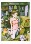 1girl abe_yoshitoshi bare_shoulders brown_eyes brown_hair cardboard_box cellphone game_console game_controller kneeling messy_room remote_control sewing_machine short_hair solo strap_slip tagme tatami vacuum_cleaner