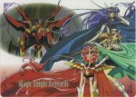  3girls absurdres armor armored_dress blue_cape blue_eyes blue_hair cape copyright_name elbow_gloves gloves green_cape green_eyes hairband head_wings headpiece highres hououji_fuu long_hair magic_knight_rayearth mecha multiple_girls parted_lips red_cape red_eyes red_hair redhead ryuuzaki_umi shidou_hikaru standing white_gloves winged_hairband 