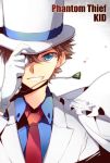  blue_eyes brown_hair cape character_name detective_conan formal gloves hand_on_hat hat kaito_kid male meitantei_conan monocle necktie ponjiritsu smile suit top_hat 