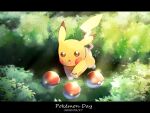  brown_eyes bush dated full_body kisukekun leaf letterboxed looking_at_viewer open_mouth outdoors outstretched_arm pikachu poke_ball poke_ball_(basic) pokemon pokemon_(creature) shadow signature solo sunlight 