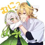  1boy 1girl belt black_belt blonde_hair blue_pants collared_shirt dress earrings genshin_impact green_dress green_eyes green_hair hands_on_another&#039;s_cheeks hands_on_another&#039;s_face jewelry kaveh_(genshin_impact) long_hair looking_at_another medium_hair nahida_(genshin_impact) pants red_eyes shirt side_ponytail takamatsu_(yamajiai) translation_request white_background white_hair white_shirt 