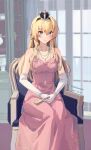  1girl artist_name black_hairband blonde_hair blue_eyes blush chair closed_mouth collarbone crown dated dress gloves hair_between_eyes hairband highres himeyamato indoors jewelry kantai_collection long_hair mini_crown necklace pink_dress signature sitting smile solo warspite_(kancolle) white_gloves 