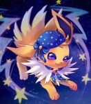  :3 blue_headwear blue_ribbon commentary_request crescent crescent_necklace fang fang_out full_body jewelry jolteon necklace pokemon pokemon_(creature) ribbon shii_(no-va_could) solo star_(symbol) star_in_eye star_print starry_background symbol_in_eye violet_eyes yellow_fur yellow_trim 