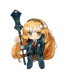  1girl black_jacket black_pants black_vest chibi closed_mouth collared_shirt commentary_request freckles green_eyes holding holding_shield ishmael_(limbus_company) jacket light_frown limbus_company long_hair long_sleeves looking_at_viewer necktie no_nose no_sclera nonga orange_hair pants project_moon red_necktie shield shirt simple_background solo vest white_background white_shirt 