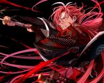  1boy arms_up black_background black_gloves blood blood_from_mouth blood_on_face clenched_teeth commentary_request earclip earrings fate/grand_order fate_(series) fingerless_gloves floating_hair gloves hair_between_eyes highres holding holding_sword holding_weapon japanese_clothes jewelry long_hair male_focus morita_yuu multicolored_hair parted_bangs parted_lips profile red_eyes redhead simple_background solo sword takasugi_shinsaku_(fate) teeth v-shaped_eyebrows very_long_hair weapon white_hair wide_sleeves 