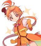  1boy clenched_hands commentary cure_wing earrings frilled_shorts frills gloves hat hirogaru_sky!_precure jewelry kojikoji long_hair magical_boy male_focus mini_hat mini_top_hat orange_gloves orange_shorts parted_bangs ponytail precure puffy_short_sleeves puffy_sleeves short_sleeves shorts smile solo top_hat very_long_hair yuunagi_tsubasa 