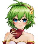 1girl :d absurdres bare_shoulders blue_eyes blush box candy chocolate collarbone dinjo english_commentary fire_emblem fire_emblem:_the_blazing_blade fire_emblem_heroes food gift green_hair hairband heart heart-shaped_box heart-shaped_chocolate highres holding holding_chocolate holding_food nino_(fire_emblem) short_hair smile solo transparent_background valentine