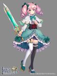  1girl asyde black_corset blue_eyes bow capelet commentary_request corset drill_hair eden_fantasia full_body green_bow green_footwear hair_bow haruyuki_14 highres holding holding_sword holding_weapon lydia_(eden_fantasia) official_art pink_hair smile solo sword twin_drills weapon white_capelet 