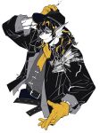  arknights black_headwear cigarette dragon_boy fish_boy gloves hat highres holding holding_cigarette korean_commentary lee_(arknights) long_hair looking_at_viewer monochrome mythological_creature p2yong round_eyewear scarf smoking yellow_eyes yellow_gloves yellow_scarf 