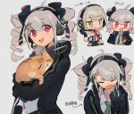  2girls animal black_gloves blush_stickers cat chesed_(uporyz) chibi commentary drill_hair girls_frontline gloves green_necktie grey_background grey_hair hair_between_eyes hairband headset highres holding holding_animal holding_cat jacket looking_at_viewer multiple_girls multiple_views necktie open_mouth orange_cat pp-19_(girls&#039;_frontline) red_eyes simple_background smile translation_request upper_body vector_(girls&#039;_frontline) 