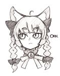  1girl animal_ear_fluff animal_ears bell blunt_bangs bow braid cat_ears character_name commentary detached_ahoge graphite_(medium) greyscale hair_bow highres jingle_bell kaenbyou_rin looking_away medium_hair monochrome neck_bell neck_ribbon portrait ribbon silverfox_(peculiosa) slit_pupils solo touhou traditional_media twin_braids 