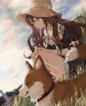  1girl blue_eyes blue_skirt blue_sky brown_hair building clouds day dog grass hat long_hair original oto1_030 outdoors parted_lips shirt sitting skirt sky solo straw_hat sun_hat 