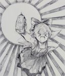  &gt;_&lt; 1girl absurdres bow cirno crosshatching dress drooling graphite_(medium) greyscale hair_bow hand_on_hip hatching_(texture) highres holding holding_carton ice ice_wings monochrome sendai_(nazonomono) short_hair solo touhou traditional_media wings 