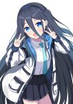  1girl :d absurdly_long_hair absurdres animal_ear_headphones animal_ears aris_(blue_archive) black_hair black_hairband black_skirt blue_archive blue_hair blue_necktie dark_blue_hair double_v fake_animal_ears hair_between_eyes hair_spread_out hairband halo headphones highres jacket long_hair looking_at_viewer mikeran5648 multicolored_clothes multicolored_hair multicolored_jacket necktie one_side_up ringed_eyes shirt skirt smile solo tie_clip v very_long_hair white_background white_jacket white_shirt 