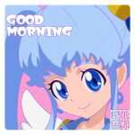  1girl blue_eyes blue_hair crown cure_princess earrings good_morning happinesscharge_precure! jewelry kamikita_futago long_hair looking_at_viewer magical_girl mini_crown official_art precure shirayuki_hime smile solo twintails 
