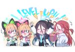 4girls absurdly_long_hair animal_ear_headphones animal_ears aris_(blue_archive) birthday black_hair blonde_hair blue_archive cat_ear_headphones chibi clapping fake_animal_ears fake_facial_hair fake_mustache funny_glasses gift giorgio_(yo_sumire_sola1) glasses halo headphones highres holding_party_popper jacket long_hair midori_(blue_archive) momoi_(blue_archive) multiple_girls musical_note necktie one_side_up open_clothes open_jacket party_horn party_popper redhead shirt siblings sisters smile sunglasses twins very_long_hair white_shirt yuzu_(blue_archive) 