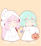  ._. 2girls :&gt; :/ animated animated_gif aqua_eyes aqua_hair blush_stickers bright_pupils chibi closed_mouth expressionless eyeball flat_color full_body ghost_costume halloween halloween_bucket halloween_costume hata_no_kokoro holding hood hood_down hood_up jack-o&#039;-lantern komeiji_koishi light_green_hair long_hair long_sleeves looking_ahead looping_animation lowres mask mask_on_head multiple_girls no_nose orange_background pink_eyes pink_hair polka_dot polka_dot_background short_hair side-by-side sidelocks sleeves_past_fingers sleeves_past_wrists smile sparkle standing third_eye touhou trick-or-treating v-shaped_eyebrows white_hood white_pupils wide_sleeves you_(noanoamoemoe) 