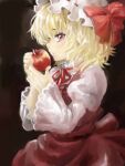  1girl adapted_costume apple arika_(198906nk) black_background blonde_hair closed_mouth flandre_scarlet food from_side fruit hat holding holding_food holding_fruit juliet_sleeves long_sleeves looking_at_viewer looking_to_the_side medium_hair mob_cap neck_ribbon puffy_sleeves red_apple red_eyes red_ribbon red_skirt red_vest ribbon ribbon-trimmed_headwear ribbon_trim simple_background skirt solo touhou vest white_headwear wide_sleeves 