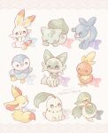  :3 blue_eyes bow bulbasaur chikorita closed_eyes closed_mouth dated fennekin hands_up highres lying on_stomach one_(chirufhy) orange_eyes parted_lips piplup pokemon pokemon_(creature) popplio red_eyes scorbunny sitting snivy sprigatito standing torchic 