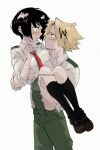  1boy 1girl black_hair blonde_hair blush boku_no_hero_academia breasts carrying eye_contact hadakaninareyo highres jirou_kyouka kaminari_denki kneehighs looking_at_another necktie pants pleated_skirt princess_carry school_uniform short_hair simple_background skirt small_breasts socks twitter_username white_background 