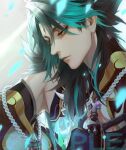 armor bare_shoulders black_hair forehead_mark genshin_impact green_hair jewelry looking_down male_focus myme1 necklace sample_watermark solo xiao_(genshin_impact) yellow_eyes