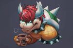  1boy armlet bowser claws cup grey_background hair_down highres holding holding_cup horns male_focus messy_hair redhead scarvii simple_background solo spiked_armlet spiked_shell super_mario_bros. twitter_username upper_body 