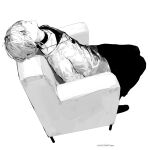  1boy armchair chair choker closed_mouth copyright from_side full_body greyscale hair_between_eyes highres holostars jewelry looking_up male_focus monochrome official_art pants pendant profile rikka_(holostars) shirt shoes short_hair simple_background sitting solo sweater unrefle virtual_youtuber white_background 
