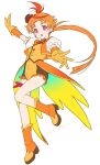 1girl boots breasts brooch coattails cure_wing earrings full_body genderswap genderswap_(mtf) gloves hat highres hirogaru_sky!_precure jewelry kazuma_muramasa long_hair magical_girl mini_hat mini_top_hat orange_gloves orange_hair outstretched_arms parted_bangs ponytail precure puffy_sleeves red_eyes small_breasts smile solo top_hat white_background wing_brooch wing_hair_ornament yuunagi_tsubasa